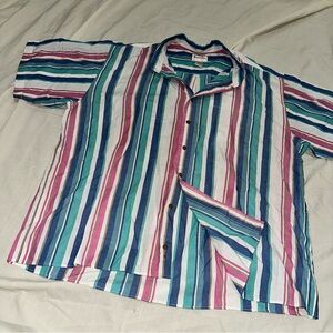 Men’s Vintage Colorful Vertical Striped Button Up Short Sleeve Shirt